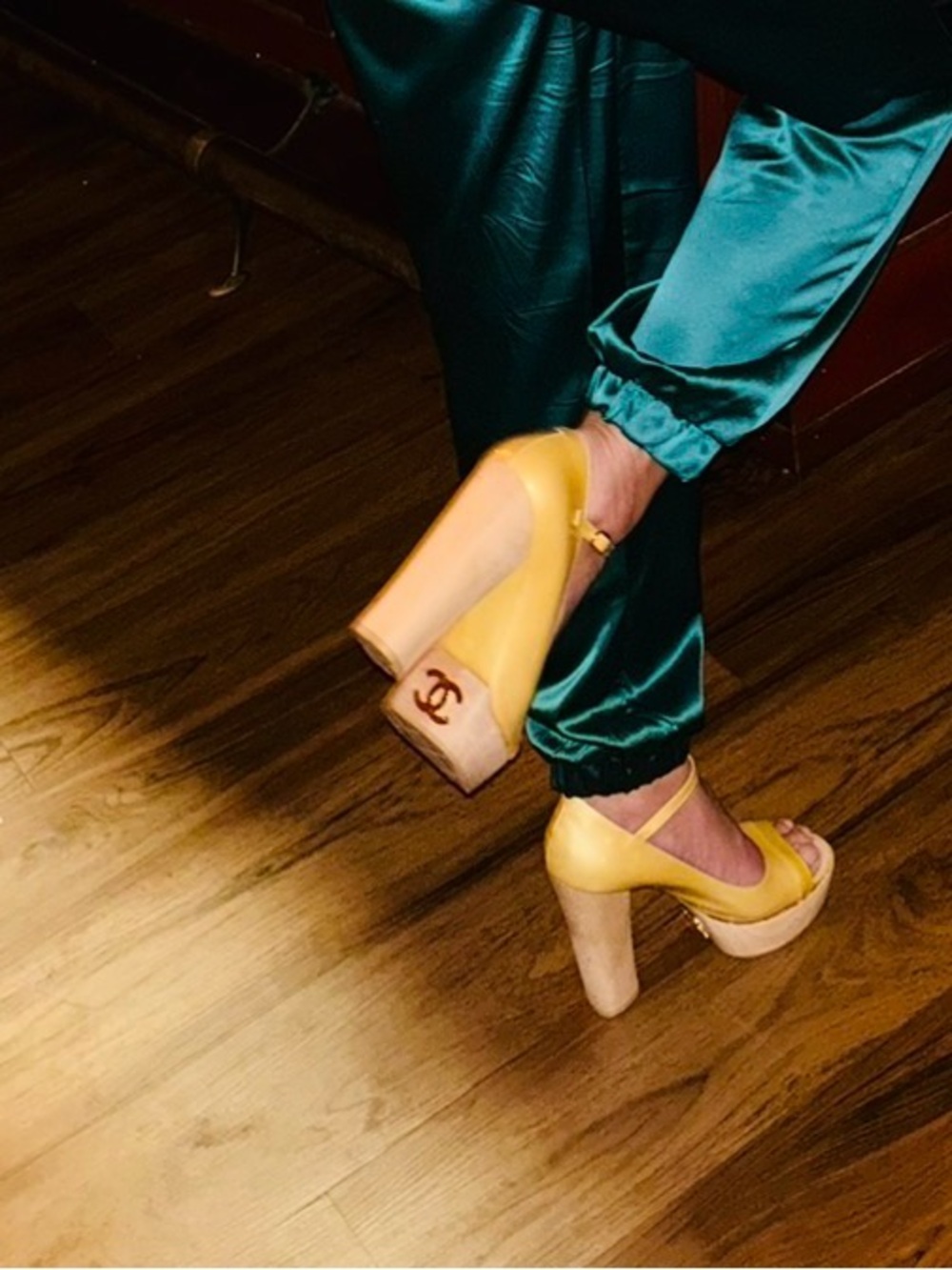 CHANEL Yellow Patent Leather Platform Sandals with Wood Block Heel